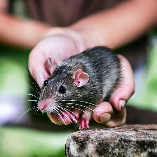 Image similar to ratcatcher 2 holds a cute rat in her hands, photo taken on a nikon, very detailed, 4k