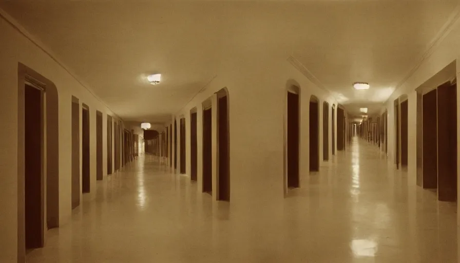 Image similar to 60s movie still of a sovietic stalinist style empty light rose hôtel corridor, cinestill 800t 50mm eastmancolor, liminal Space style, heavy grain-s 150