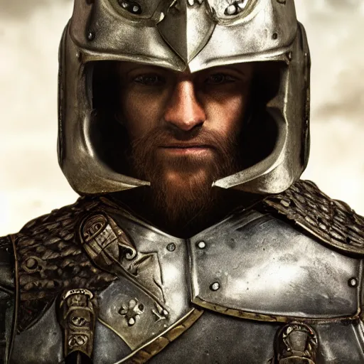 Prompt: hyper realistic photography of a skyrim medieval warrior wearing a heavy steel armor portrait, concept art, unreal engine, close - up, matte painting, uhd, micro details, vibrance colors, realistic render