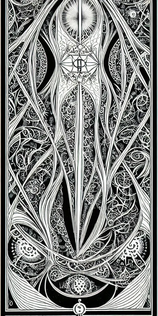 Image similar to a beautiful black and white fractal tarot card featuring bold occult imagery with clean lines. haeckel. detailed adult coloring book