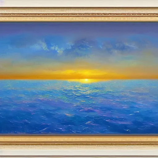 Prompt: spheres and ellipsoids floating over and reflected in the ocean's surface, with majestic thunderheads in the background, pastoral lighting, golden hour, abstract oil painting style, frameless