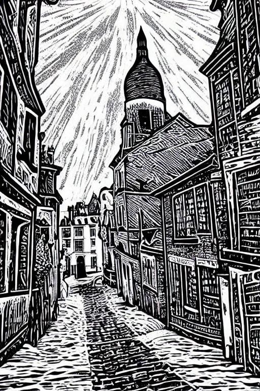 Image similar to a beautiful linocut print of montmartre, 8 k, frostbite 3 engine, cryengine, dof, trending on artstation, digital art, crepuscular ray, art by fossi _ images and tugboat printshop