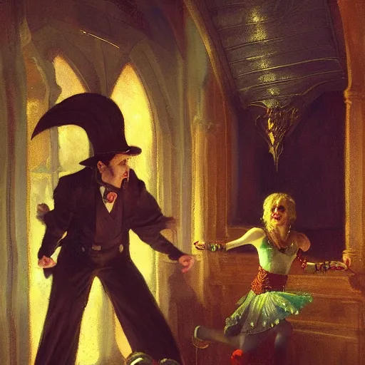 Image similar to attractive male dracula the vampire roller skating in a medieval style roller rink as a full moon shines through a window. highly detailed painting by gaston bussiere, craig mullins, j. c. leyendecker 8 k