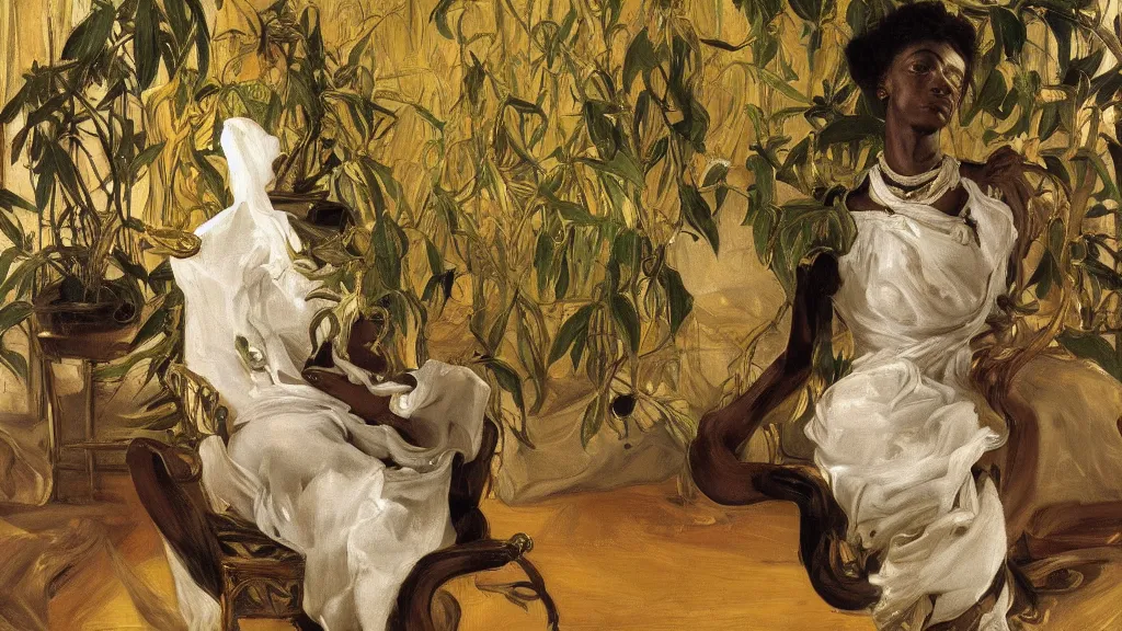 Prompt: high quality high detail painting by lucian freud, jenny savile, ilya repin and john singer sargent, black woman in a white room with many plants, intricate costume design, orientalist, partially gold, ornate, elite, luxury, hd