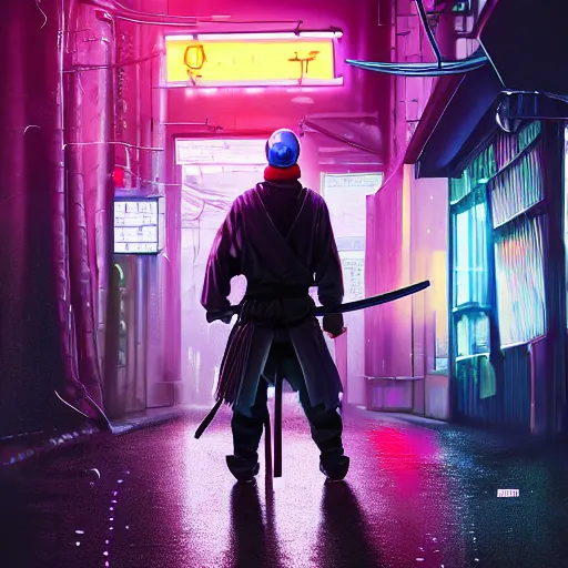 Prompt: realistic detailed portrait of a lone samurai with prosthetic hands, a purple blindfold and a high-tech katana behind his back, clothing in dark deep colors, cyberpunk style, rainy weather and evening, neon lights, 4K, masterpiece