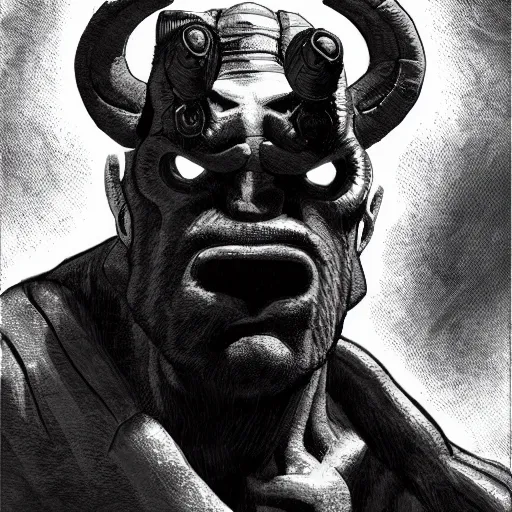 Prompt: portrait hellboy from hellboy by yusuke murata and masakazu katsura, artstation, highly - detailed, cgsociety, artstation, pencil and ink, fighting pose, city in the background, dark colors, detailed face