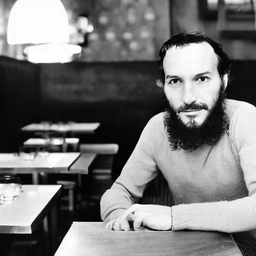 Prompt: photo in the year 1 9 7 0 of a frenchman from france seated in a restaurant. 5 0 mm, studio lighting