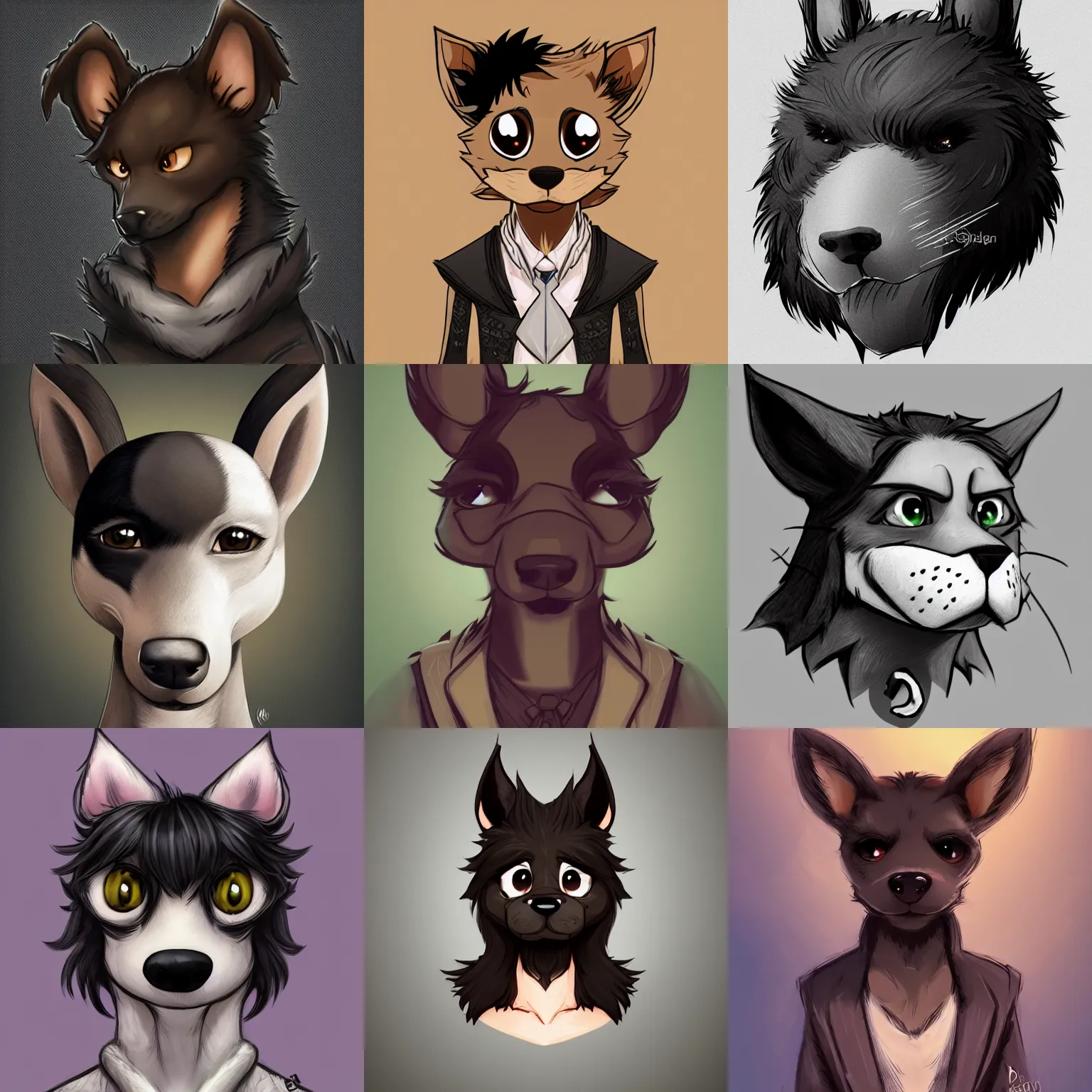 Image similar to 3/4 headshot of young male furry, D&D, cute, fantasy, intricate, short hair, black skin, dog face, dog nose, dog head, dog ears, black hair, elegant, highly detailed, cartoony, artstation, concept art, smooth, sharp focus, illustration, art by Diives