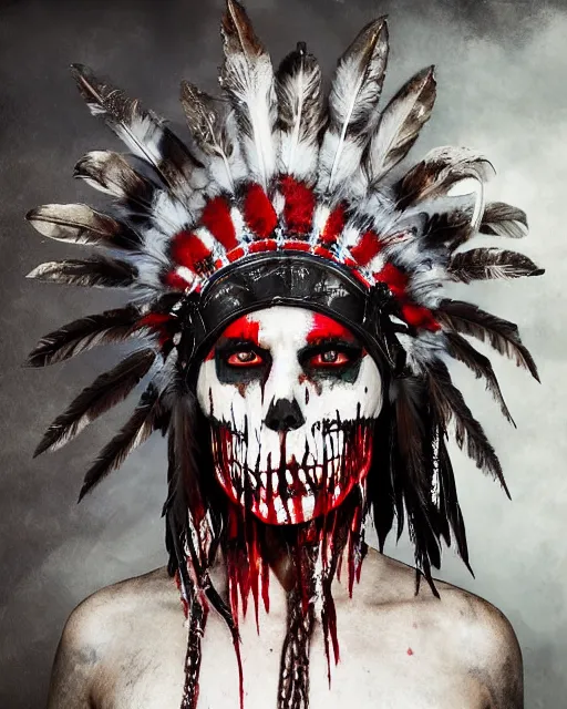 Image similar to the ghost - spirit of the grim - warpaint wears the scarlet skull armor and native blood headdress feathers, midnight fog - mist!, dark oil painting colors, realism, cinematic lighting, various refining methods, micro macro autofocus, ultra definition, award winning photo