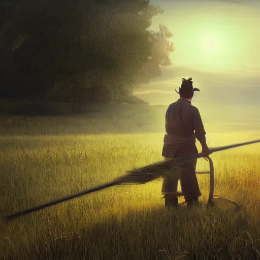 Image similar to full body, concept art, man with scythe, mowing of the hay, traditional hungarian clothing, dramatic lighting, beautiful, volumetric lighting, colorful, octane render