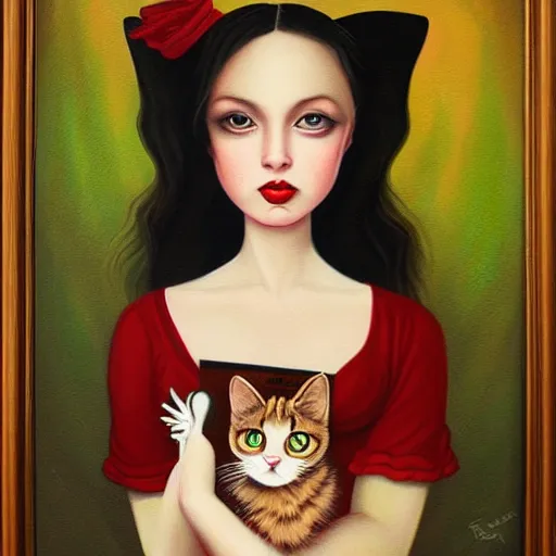 Image similar to a painting of a woman holding a cat, a character portrait by mark ryden, featured on deviantart, gothic art, tarot card, deviantart, gothic