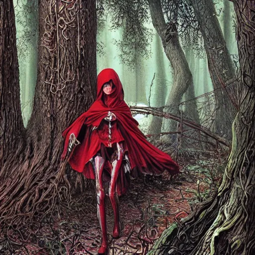 Prompt: little red riding hood as a complex robotic monster, cyborg arms wrapped around trees, dark scary woods, illustrative style, intricately detailed, Artwork by Ted Nasmith