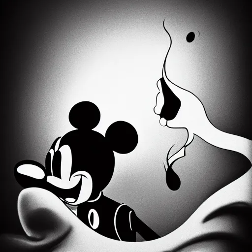 Image similar to a portrait of mickey mouse with tears in his eyes smoking a cigar, gritty, black and white, emotional, epic lighting, artistic, high fashion