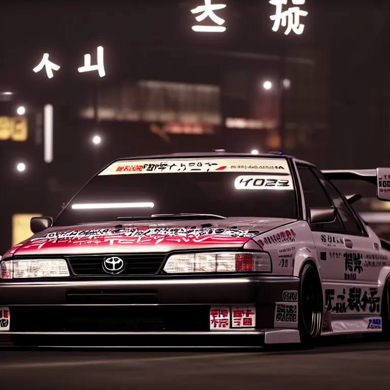 Image similar to Toyota JZX90 Drift, detailed-wheels, Shibuya prefecture, cinematic lighting, photorealistic, night photography, octane render