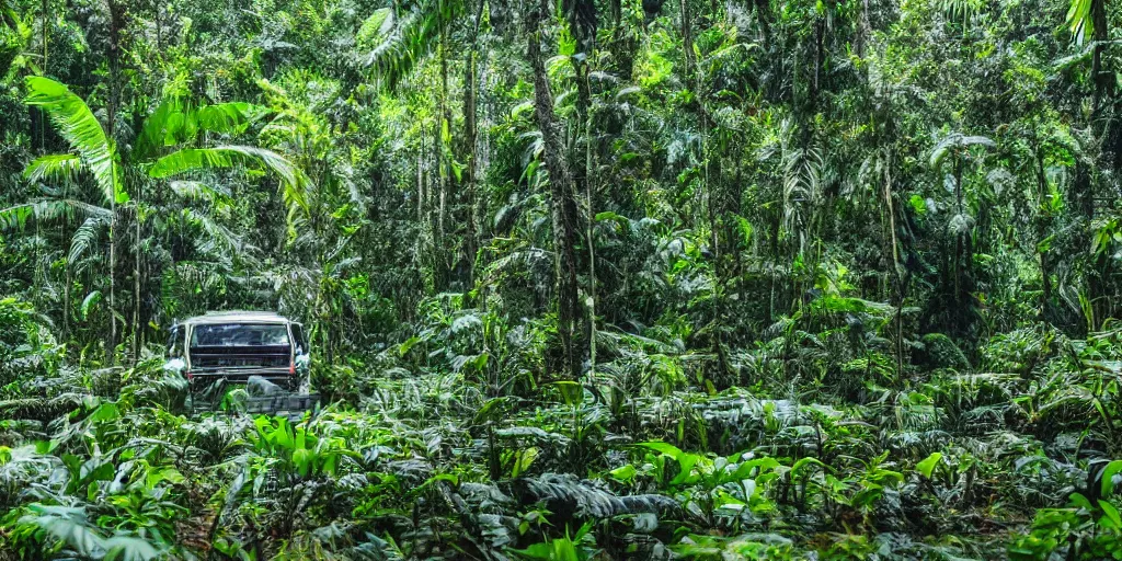 Image similar to photo of a chrome blob deep in the amazon jungle, wide shot