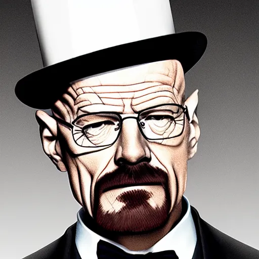 Image similar to Walter White wearing a tuxedo and top hat