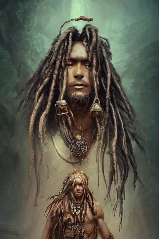 Image similar to a highly detailed epic cinematic concept art CG render digital painting artwork: psychedelic shaman with a trinket necklace and flowing dreadlocks levitating. By Greg Rutkowski, Ilya Kuvshinov, WLOP, Stanley Artgerm Lau, Ruan Jia and Fenghua Zhong, trending on ArtStation, subtle muted cinematic colors, made in Maya, Blender and Photoshop, octane render, excellent composition, cinematic atmosphere, dynamic dramatic cinematic lighting, precise correct anatomy, aesthetic, very inspirational, arthouse