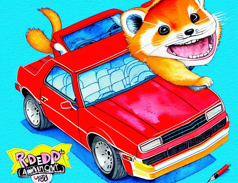 Image similar to cute and funny, redpanda riding in a tiny 1 9 8 7 chevy camaro, ratfink style by ed roth, centered award winning watercolor pen illustration, isometric illustration by chihiro iwasaki, edited by range murata, tiny details by artgerm and watercolor girl, symmetrically isometrically centered