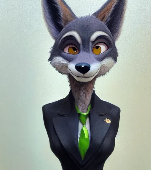 Image similar to oil painting bust of anthromorphic female wolf, in style of zootopia, zootopia, zootopia, fursona, furry, furaffinity, 4 k, deviantart, furry art, fursona art, wearing black business suit, business suit, in style of zootopia, wolf fursona, cyberpunk, female, expressive detailed feminine face,