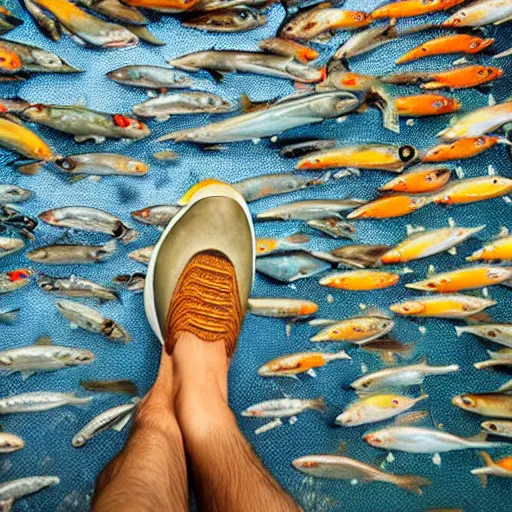 Prompt: ultra detailed photo, man wearing shoes made out of fish