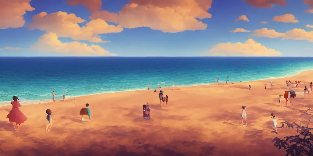 Image similar to a beach, cinematic angle, studio Ghibli, Wes Anderson, volumetric lighting, breathtaking, beautiful composition, elegant, digital art, detailed, oil painting, hyperrealistic, sharp focus, 8k