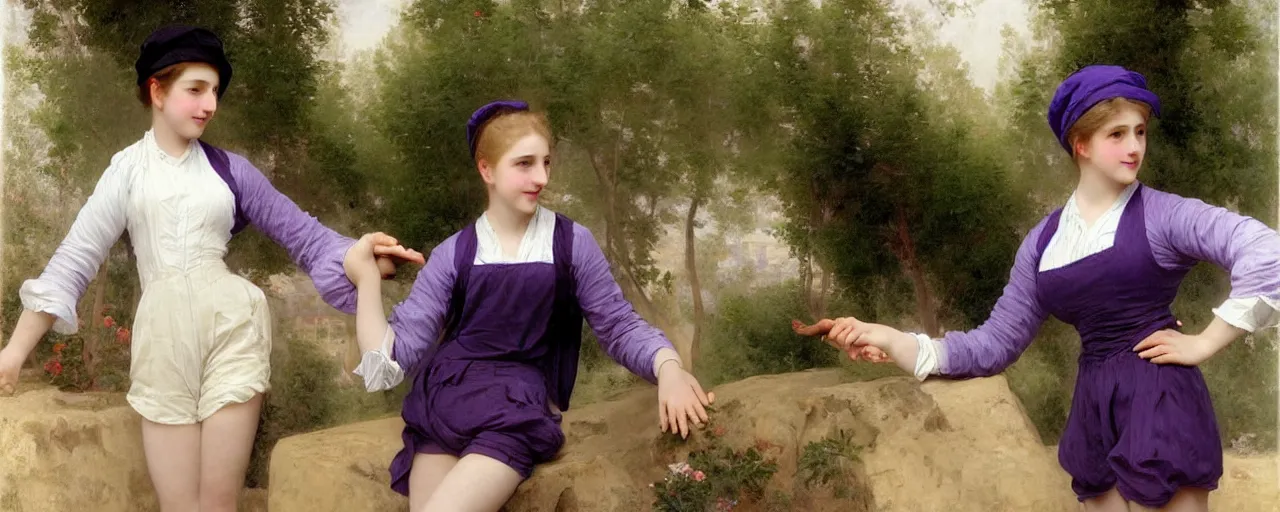 Image similar to A character sheet of many full body cute Emma Watsons with short hair wearing an oversized purple Beret, Purple overall shorts, Short Puffy pants made of silk, pointy jester shoes, a big billowy scarf, and white leggings. Rainbow accessories all over. Flowing fabric. Covered in stars. Short Hair. Art by william-adolphe bouguereau and Paul Delaroche and Alexandre Cabanel and Lawrence Alma-Tadema and WLOP and Artgerm. Fashion Photography. Decora Fashion. harajuku street fashion. Kawaii Design. Intricate, elegant, Highly Detailed. Smooth, Sharp Focus, Illustration Photo real. realistic. Hyper Realistic. Sunlit. Moonlight. Dreamlike. Surrounded by clouds. 4K. UHD. Denoise.