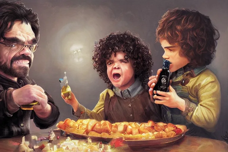 Prompt: portrait of oprah winfrey feeding peter dinklage a bottle, an oil painting by ross tran and thomas kincade