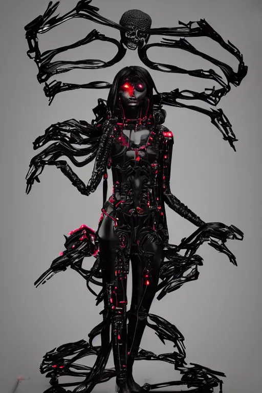 Image similar to full-body cyberpunk style sculpture of a young beautiful dark priestess, half android with a head opening exposing circuitry, glowing red eyes, black roses, flowing blood red colored silk, fabric, candles. baroque elements, human skull. full-length view. baroque element. intricate artwork by caravaggio. crows flying in background. Trending on artstation, octane render. cinematic lighting from the right, hyper realism, octane render, 8k, depth of field, 3D