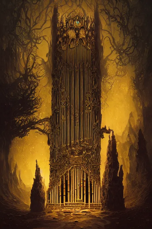 Prompt: illustration of close low angle view of an ornate obsidian gothic pipe organ with gold spidery embellishments, night, smoke, ground fog, by peter mohrbacher, by frank frazetta, by alex andreev, by vincent di fate, large depth of field, super detailed, digital art, trending on artstation, ornate