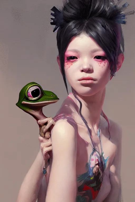 Image similar to portrait of a punk girl on a date with pepe! the frog! drinking coffee in the style of fenghua zhong and ruan jia and jeremy lipking and peter mohrbacher, extremely detailed digital painting, 8 k