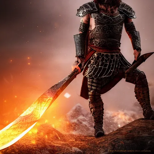 Image similar to full-body-portrait photo brutal nordic Warrior, wearing intricate steel armor, holding magical fiery battle-axe, sharp focus, highland landscape with few trees background, magical aura, heroic pose, fantasy style, octane render, volumetric lighting, 8k high definition, highly detailed, trending on ArtStation, centered