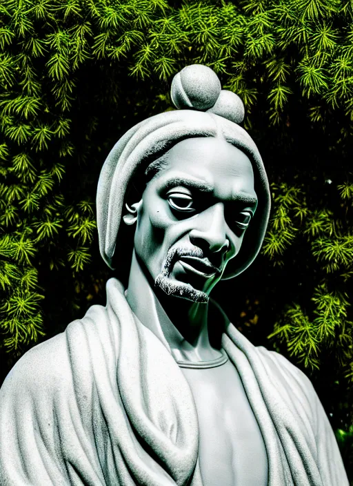 Image similar to snoop dog as marble statue, soft surface texture, very realistic 3 d render, soft sun lights, 4 k, high detailed photography result, in marijuanas gardens, 5 0 mm lens