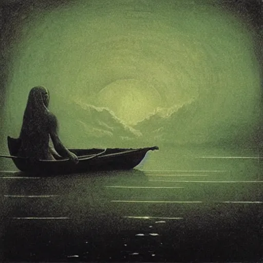 Prompt: “ charon, boatman of the river styx, ferrying deceased souls across the river and into the underworld, beksinski ”