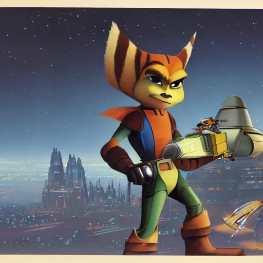 Image similar to ralph mcquarrie concept art for ratchet & clank