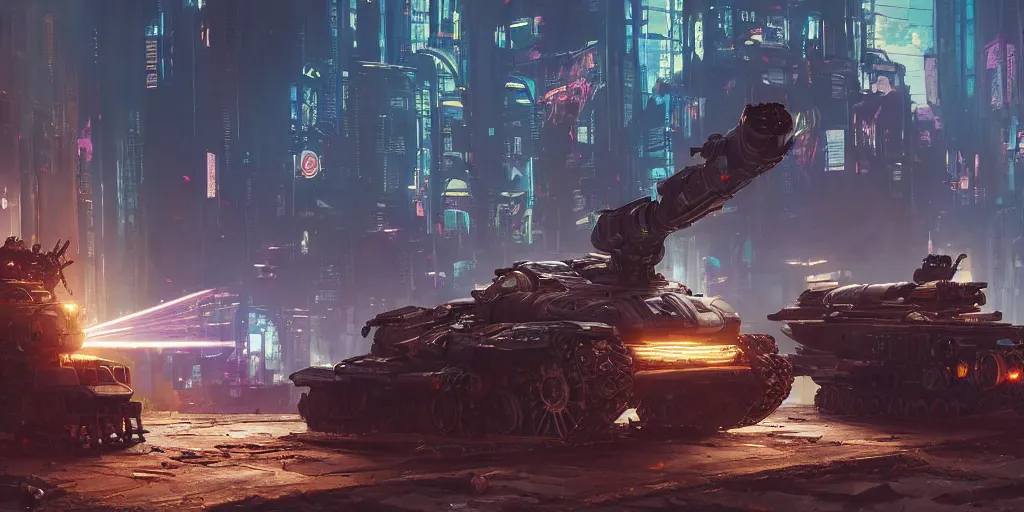 Prompt: full shot portrait of medieval - cyberpunk - battletank with giant laserturret and wheels fireing the laser harp, cyberpunk 2 0 8 8, szene of cyberpunk gothic city background, elegant, digital illustration, detailed, intricate, sharp focus, digital painting, deep focus, artstation, matte, art by artgerm and greg rutkowski and alphonse mucha