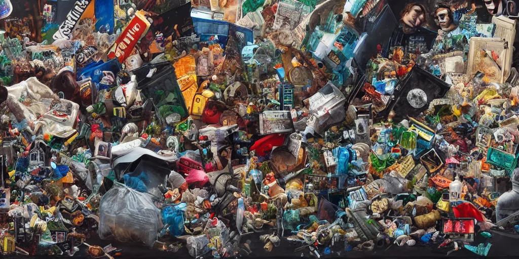 Prompt: mad trash bags, collage, acrylic on canvas, muralism, high resolution, cinematic, unreal 6 breathtaking detailed, breathtaking detailed, by blake neubert