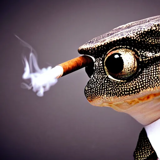 Image similar to a high detail closeup photograph of a 🐸 wearing a suit 👔,and smoking a cigarrette🚬, award wining photograph