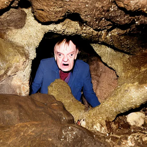 Prompt: photo inside a cavern of a wet reptilian humanoid mark e smith partially hidden behind a rock, with black eyes, open mouth and big teeth