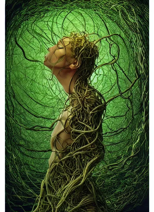 Image similar to a beautiful person trapped in the fetal position inside of extremely thick vines intertwined, central circular composition, high saturation, epic lighting, in the style of Peter gric and Hannah yata 8k