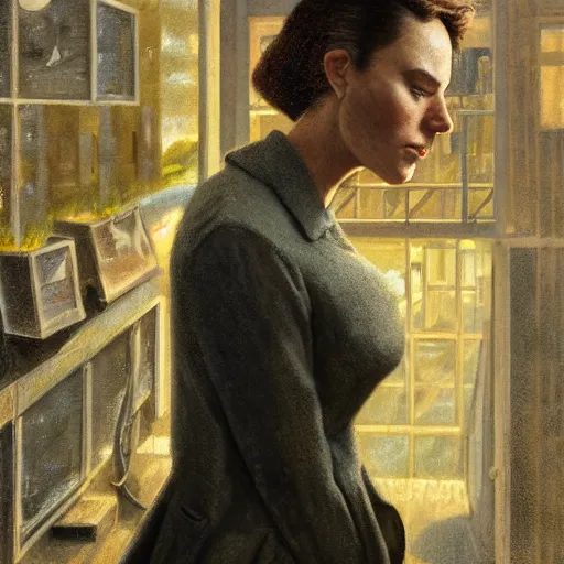 Image similar to detailed face of an intelligent clothed woman with kind eyes in a architectonic courtyard with whisps of smoke at a science expo, atmospheric, ambient, pj crook, syd mead, livia prima, artgerm, greg rutkowski, nick alm, casey baugh