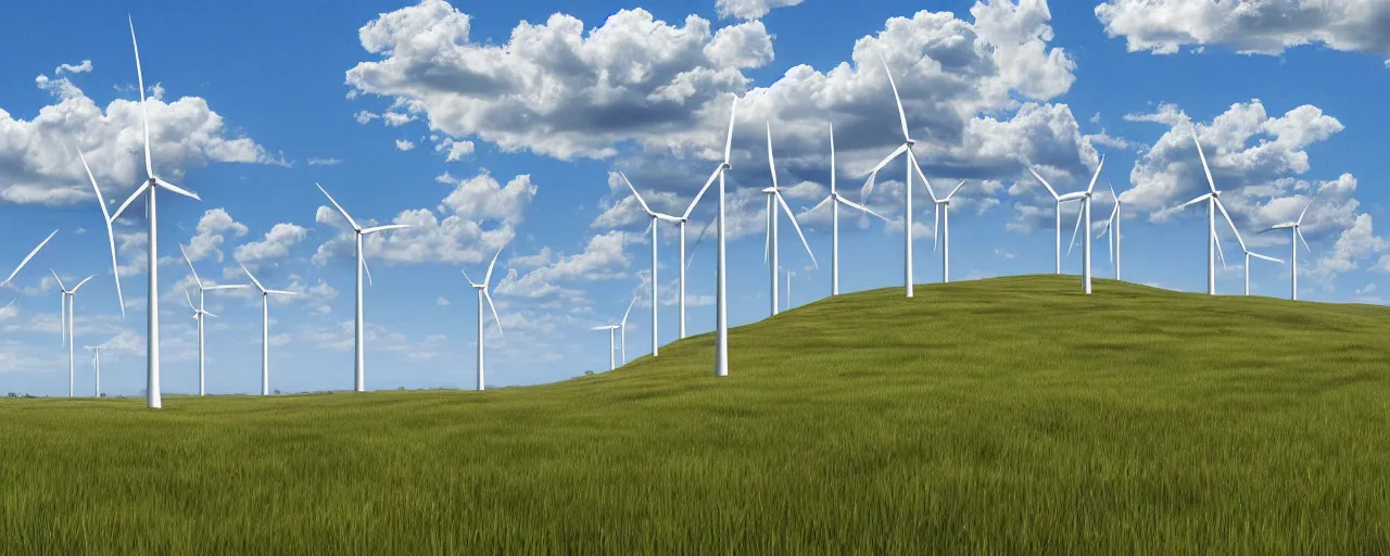 Prompt: A long line of wind turbines from the foreground into the background and horizon, on a grassy hill on the countryside, mid-day, blue sky with minimal clouds, realistic, 4k resolution, 8k resolution, HD Quality, highly detailed, very detailed, detailed, digital art, trending on artstation, in the style of Sylvain Chomet, in the style of Jamie Hewlett
