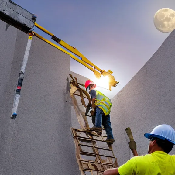 Image similar to two construction workers removing the moon from the sky