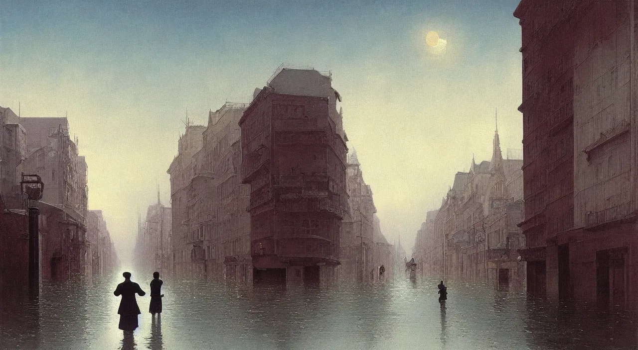 Prompt: a high contrast! painting of a flooded empty street by bruce pennington carl spitzweg rene magritte, white sky, full - length view, psychedelic, surreal, vivid colors, symmetry, great composition, high detail, cinematic lighting, masterpiece