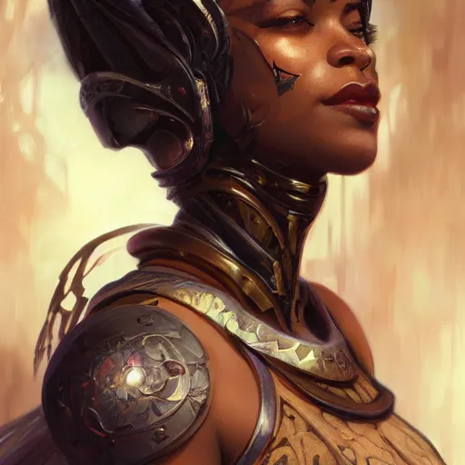 Prompt: portrait of a beautiful blackwomen devil warrior MTG iluustration, demon hunter ,intricate, headshot, highly detailed, digital painting, artstation, concept art, cinematic lighting, illustration, art by artgerm and greg rutkowski, alphonse mucha, cgsociety, science fiction