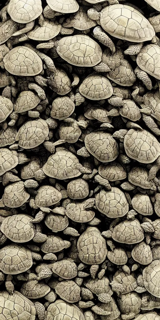 Image similar to a neverending stack of turtles, wide angle, dutch angle