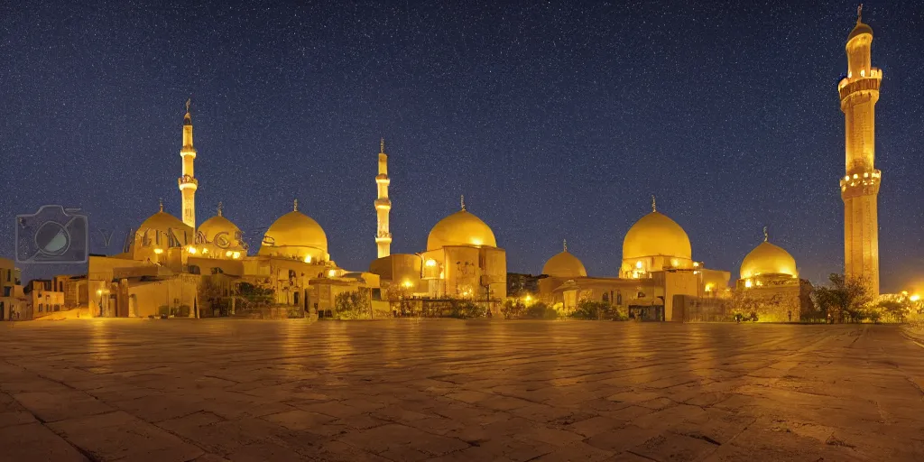 Image similar to stary night, mosque, tower, house, city