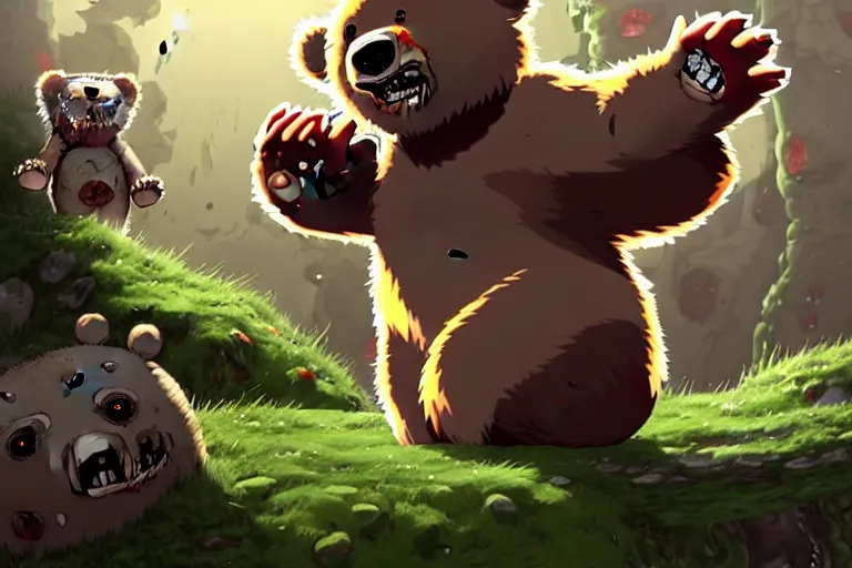 Prompt: high resolution 4 k face of chubby bear gore, blood, furry bears horror made in abyss design bizarre design body a field of war bloody war wounded country bears rock afire explosion billy bob made in abyss body horror bears fluffy cute deformed dave sim rosewood art in the style of akihito tsukushi and jim henson - h 5 7 6