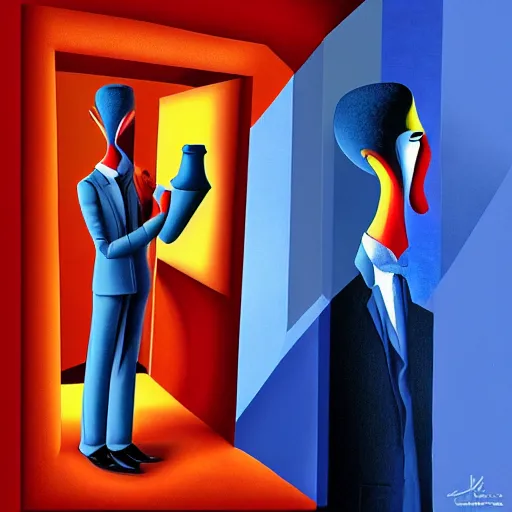 Image similar to ultra realistic portrait ofa man in suit in a studio, ultra detailed, under blue, red and yellow cinematic lighting, salvador dali, cartoon, monument valley, escher