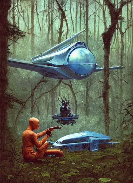 Image similar to spaceship in the woods by a river gorgeous lighting, lush forest foliage blue sky a hyper realistic painting by chiara bautista and beksinski and norman rockwell and greg rutkowski, weta studio, and lucasfilm