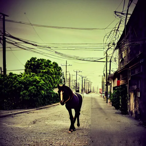 Image similar to a wandering horse left on the street, dark smoke in the background, filthy streets, broken cars. Vines growing. Jpeg artifacts. Trending on flickr. Colored photo. Samyang/Rokinon Xeen 50mm T1.5